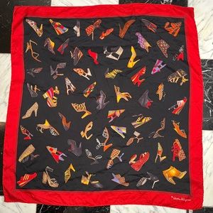 SALVATORE FERRAGAMO Vintage Black & Red 1980s Shoes Silk Scarf from the 90s